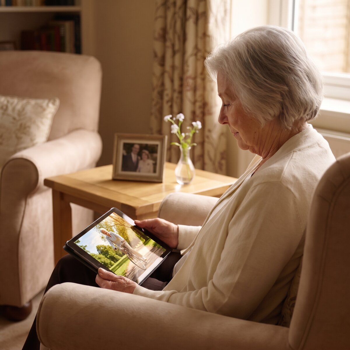 Grand-mère visionnant le film hommage sur tablette, moment de recueillement à la maison