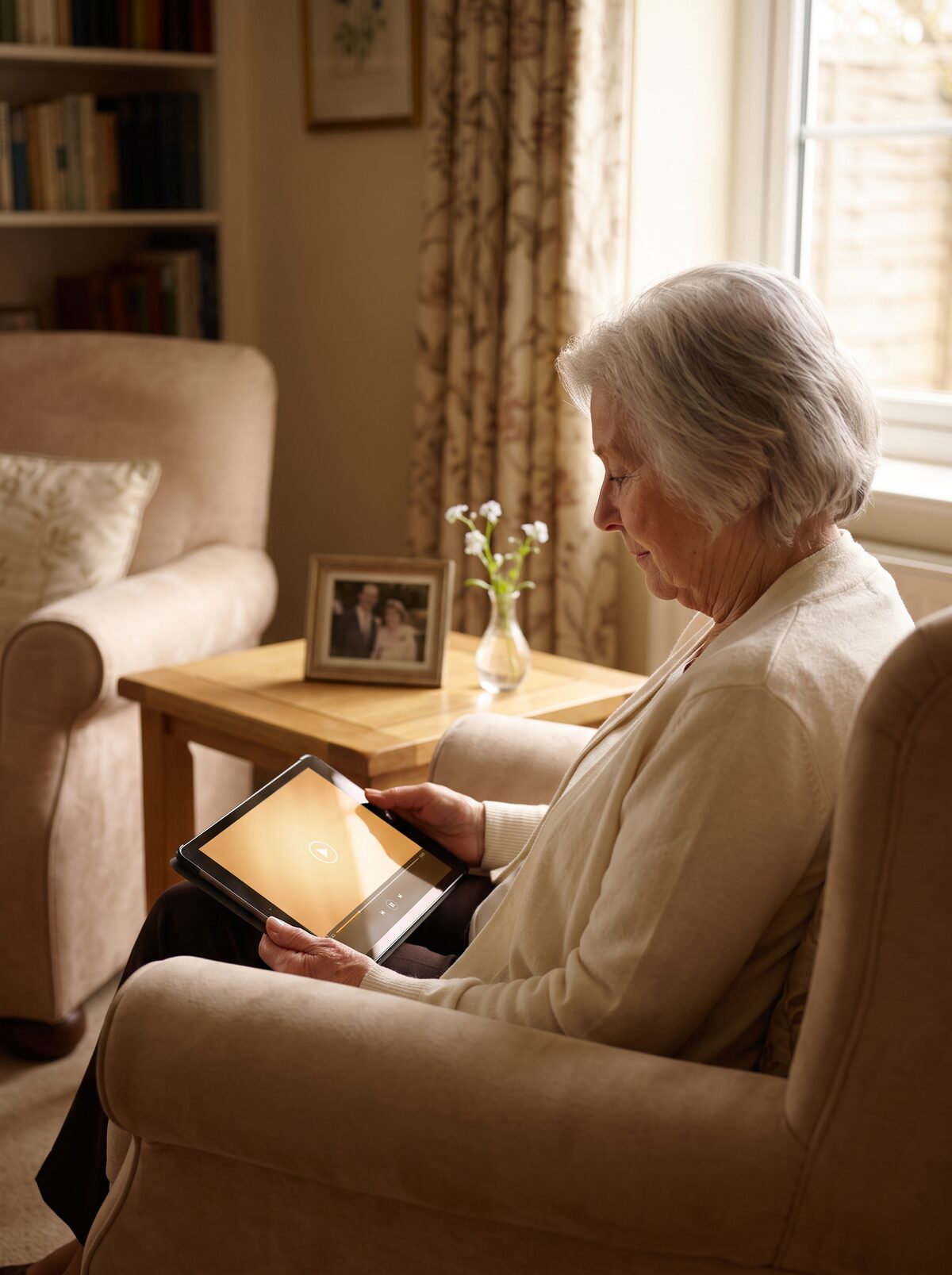 Grand-parent visionnant le film hommage sur tablette, moment de recueillement à la maison