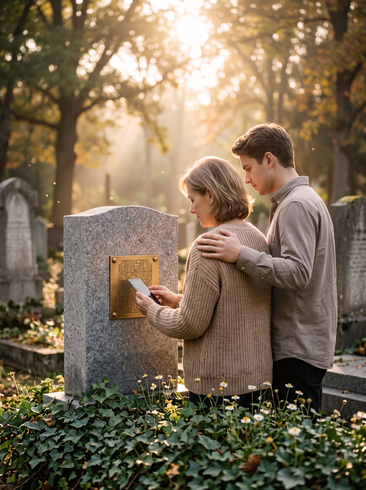 Mère et fils devant la tombe, smartphone en main, scannant le QR mémorial gravé sur la pierre